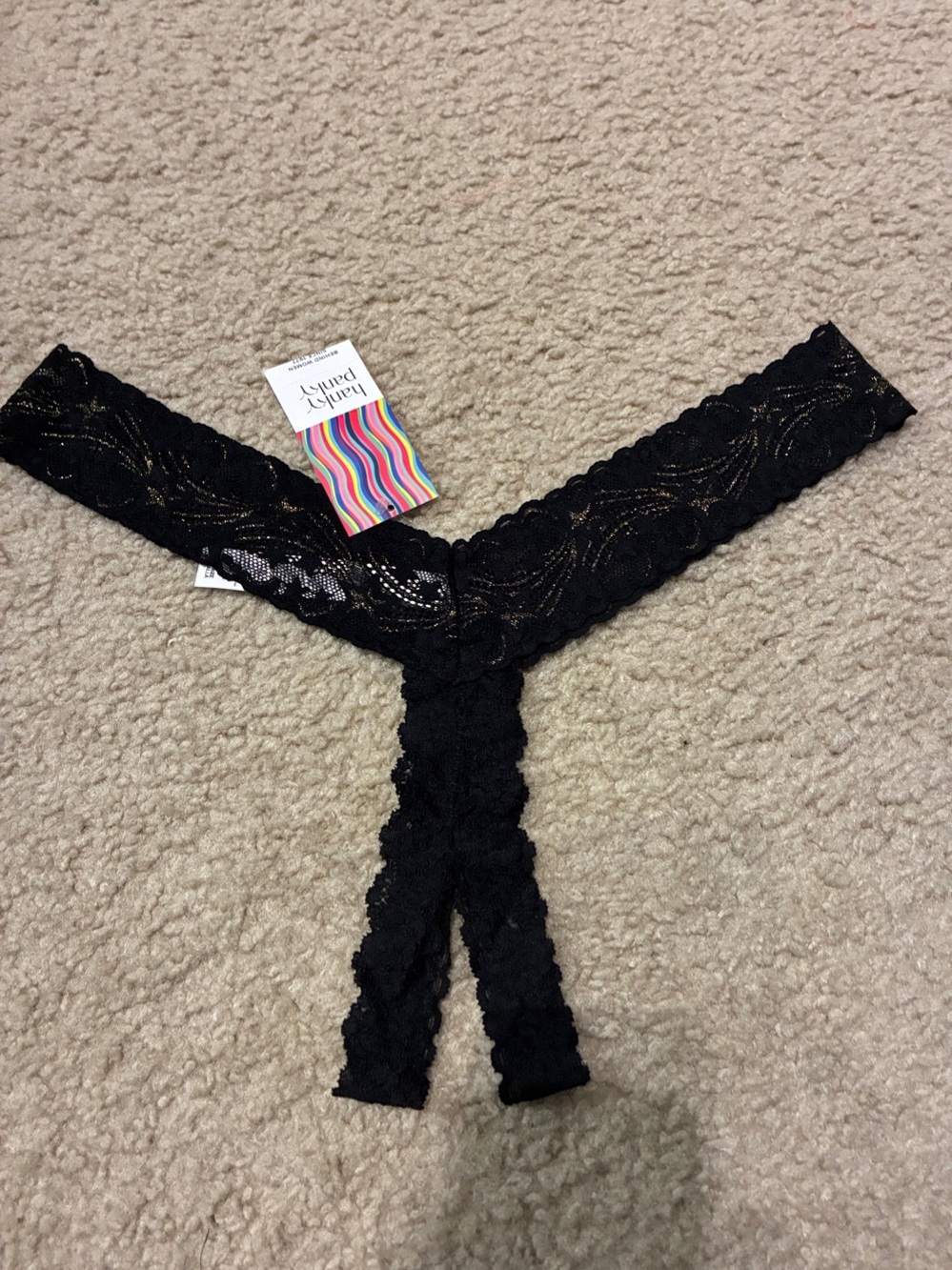 NWT Hanky Panky Plus Black Lace Star Sparkly Open Gusset Thong